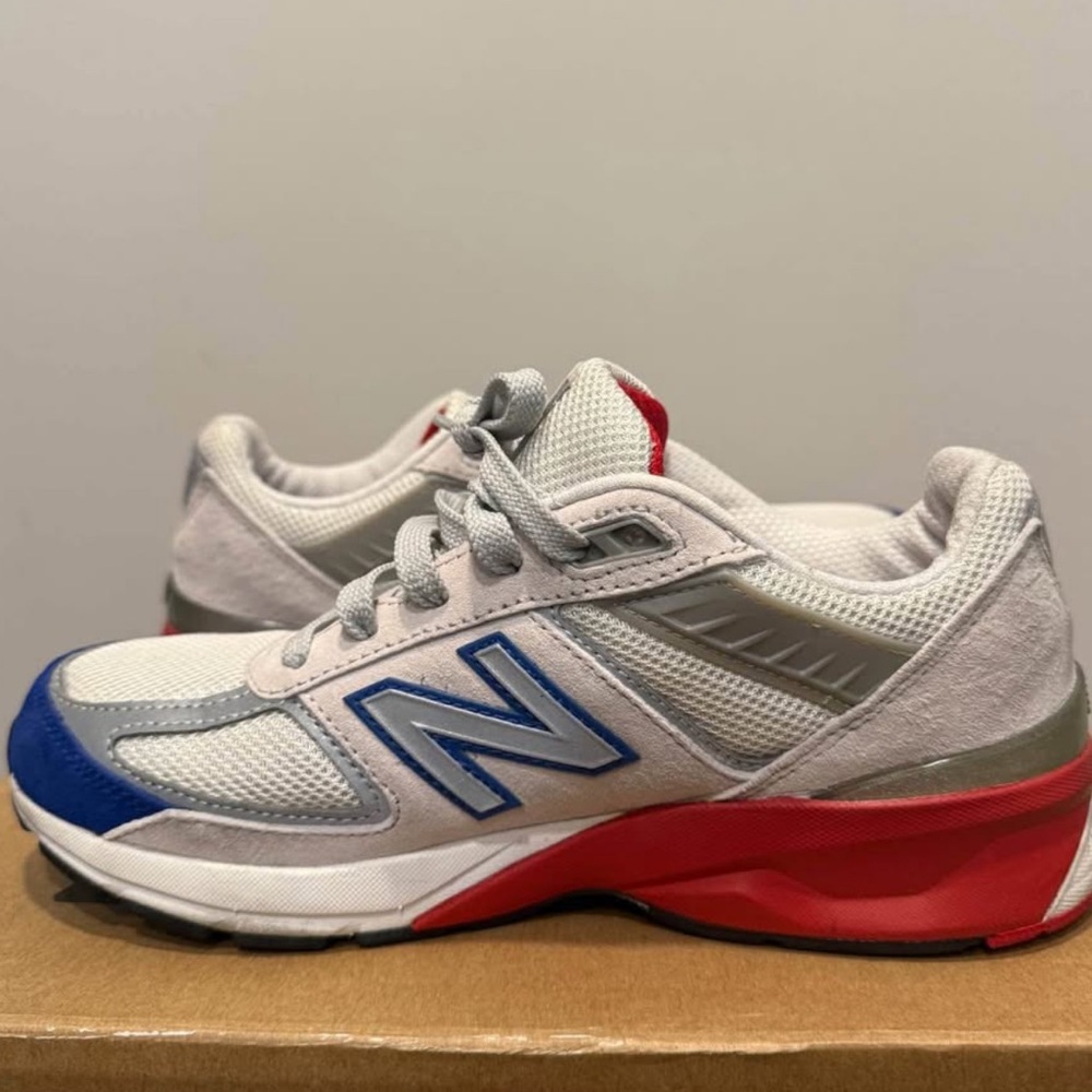 New Balance Gray, Blue, and Red Sneakers